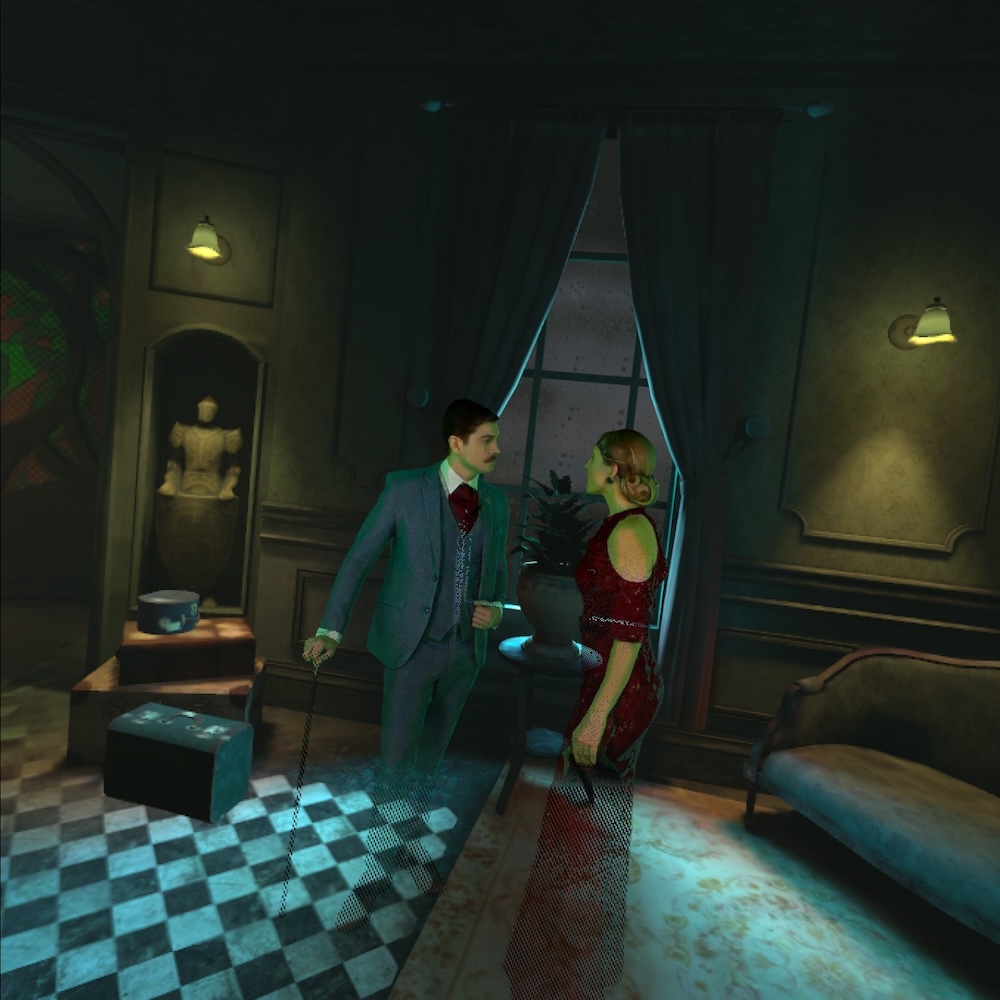 A well dressed ghostly couple locked in an intense conversation in an old mansion.