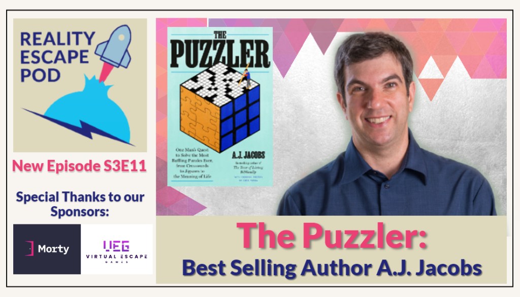 man smiling with short brown hair, in a button down blue shirt, next to an image of a book cover for The Puzzler