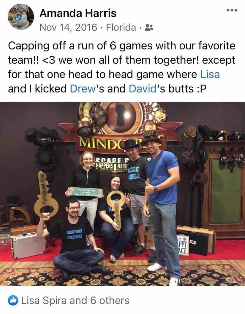 Amanda's Facebook post announcing that she and Lisa kicked David & Drew's butts in a head to head game.