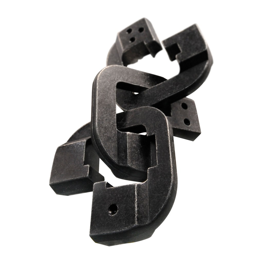 cast iron puzzle consisting of 3 interlocked rings
