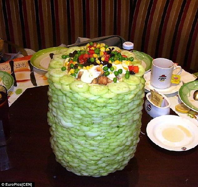 tower of cucumber slices filled with veggies