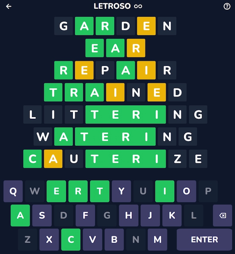 Screenshot of the statistics screen for daily puzzle, Letroso.