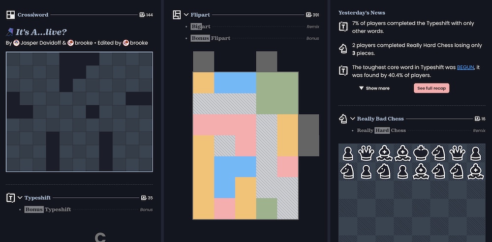 Screenshot of the daily puzzle, Puzzmo, showing 5 different types of puzzles on one page.