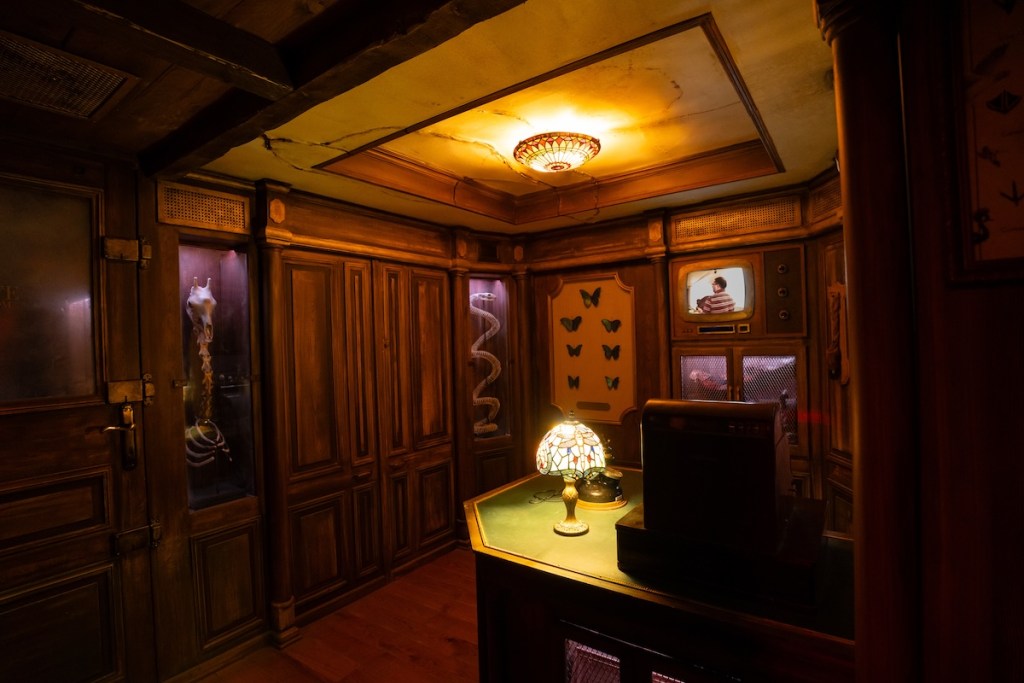 The storefront of a Taxidermist. The aesthetic is old and beautiful with stained glass lights and intricate woodwork.
