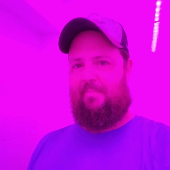 Bearded man in a cap lit in magenta light.