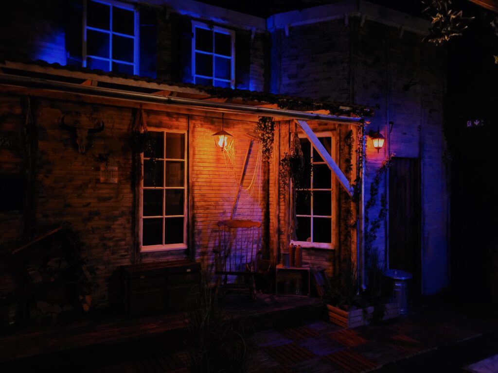 Exterior of a large, rundown home, with ivy crawling up the walls, lit at night.