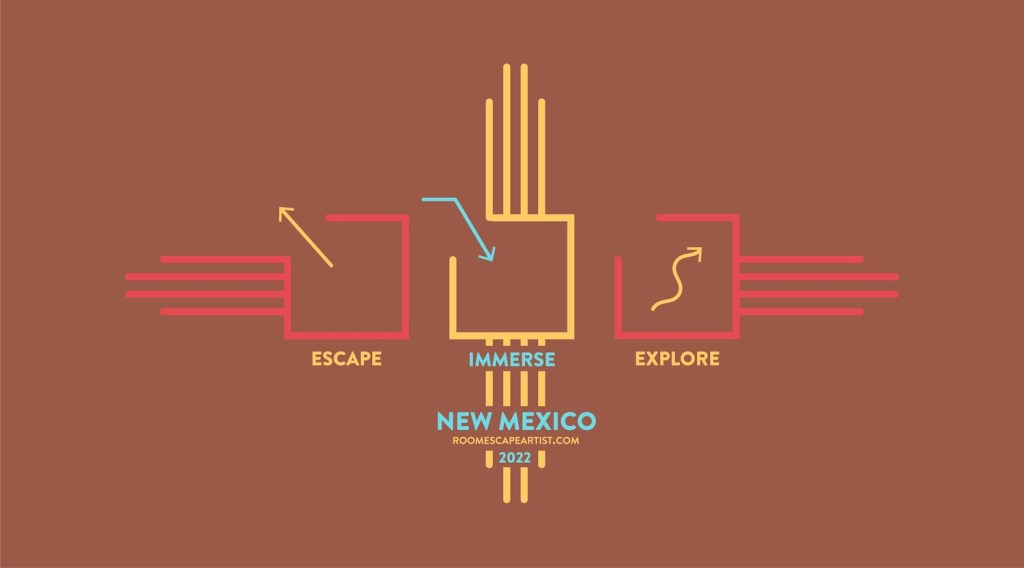 Escape, Immerse, Explore, New Mexico 2022 banner, mirroring the aesthetic of the New Mexico state flag.