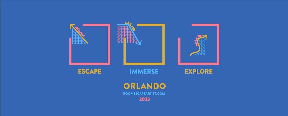 Escape Immerse Explore Orlando 2023 logo in blue, yellow, and pink. The links of the logo mimic a rollercoaster.
