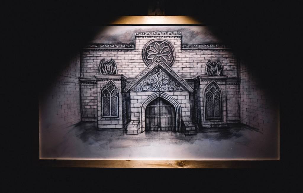 Artist's rendering of the front of a cathedral.