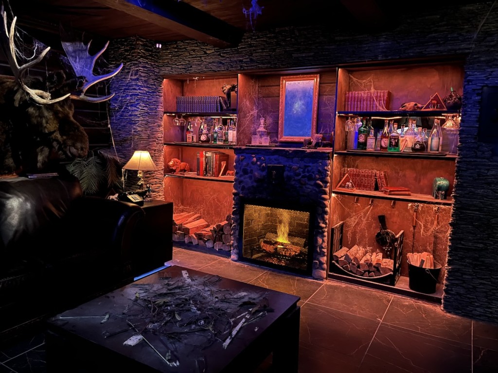 The interior of a home with a large fireplace flanked by bookshelves covered with what looks like occult items like potionsand books.