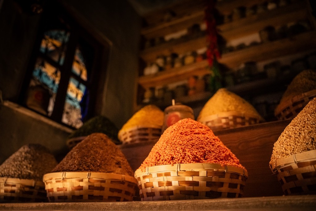 Spices on display in a market.