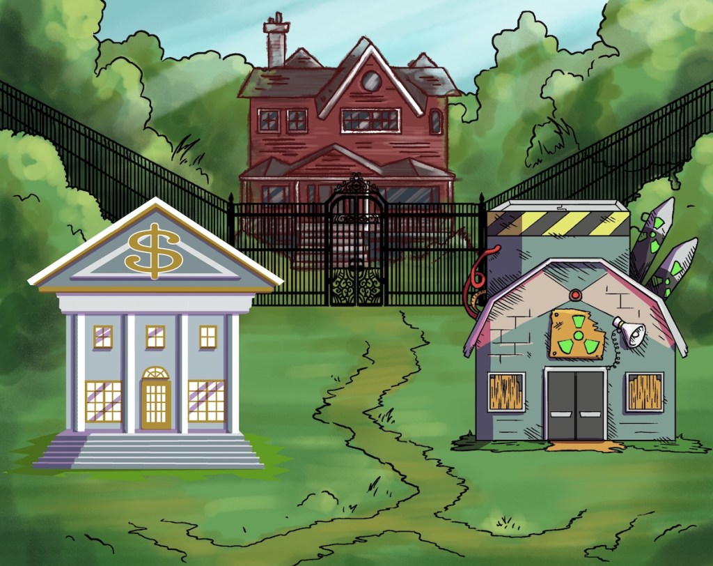 Illustration of a bank, a mansion, and a nuclear bunker sitting beside one another.