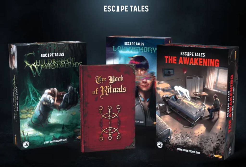 3 board game boxes, one that says Children of the Wyrmwoods, one that says low memory, and one that says The Awakening. Also a book titled Book of Rituals.