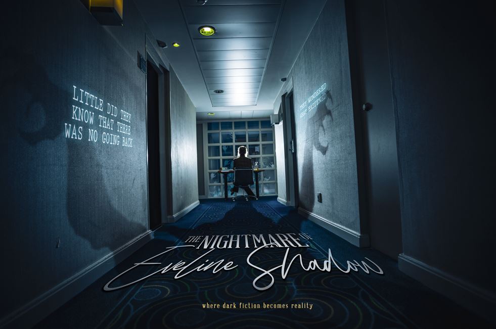 dark hallway of a hotel. at the end there is the silhouette of a woman sitting at a desk. projected on the walls are typewritten words saying "little did they know that there was no going back". There is a shadow of a monster looming in the hallway and the title reads "The nightmare of eveline shadow"