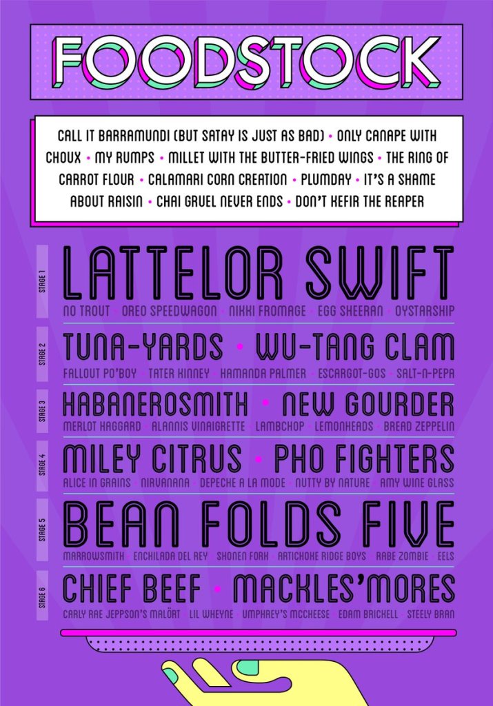 poster from pilcrow bar puzzle hunt. Titled Foodstock, and filled with musical group and food puns