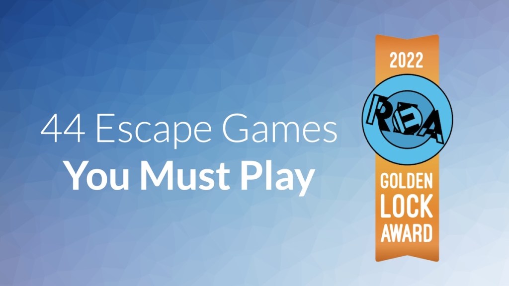 2022 Golden Lock Award Ribbon, text reads, "44 Escape Games You Must Play"