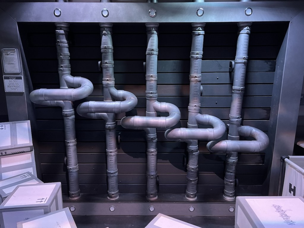 A series of tubes in black and white.