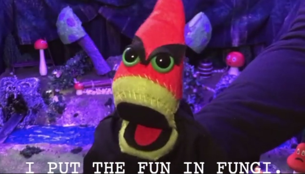 A puppet with evil eyes, closed captioned, "I put the fun in fungi."