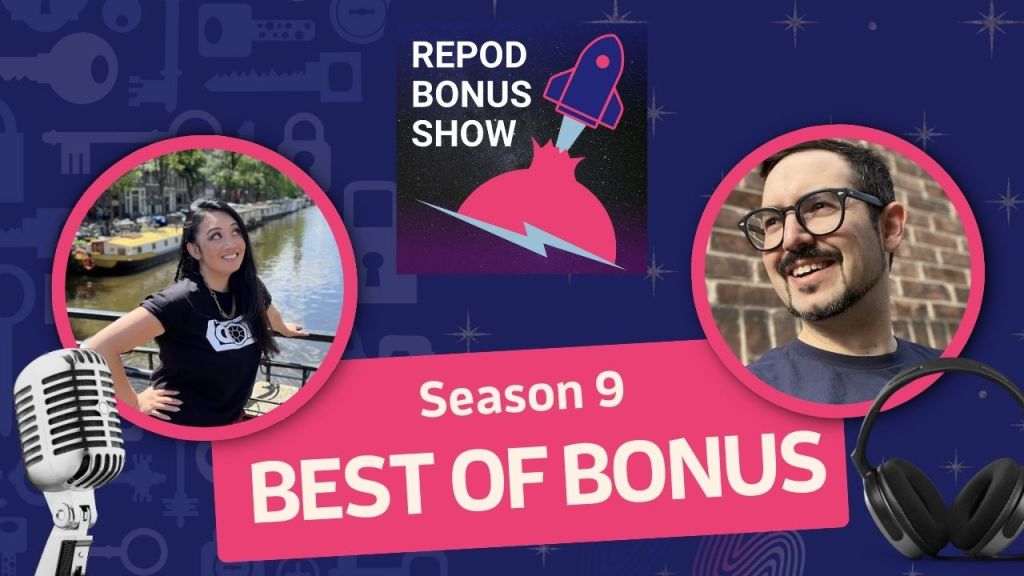 hero image for season 9 best of bonus. asian woman in black t shirt with long hair standing on a bridge over a canal. man with glasses, short dark hair and goatee.