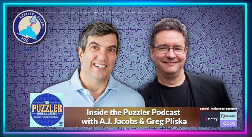 hero image for Repod season 6 episode 13 titled Inside the Puzzler Podcast with AJ jacobs and greg pliska. image of greg pliska. causasian man leaning against a brick wall with short salt and pepper (light brown) hair that's partially spiky. He's wearing wire-rim glasses, clean shaven with a nice smile. He is wearing a black t-shirt with a black blazer. image of AJ Jacobs, caucasian man with short side parted salt and pepper hair. he has hazel eyes, clean shaven and a winsome smile. He is wearing a light blue button down shirt. background is light purple puzzle pieces