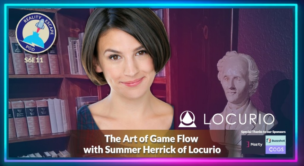 hero image for REPOD S6E11 titled "The Art of Game Flow" with Summer Herrick of Locurio". Image is a pretty woman with a short brown bob smiling. In the background is a bookshelf and a bust of a man.