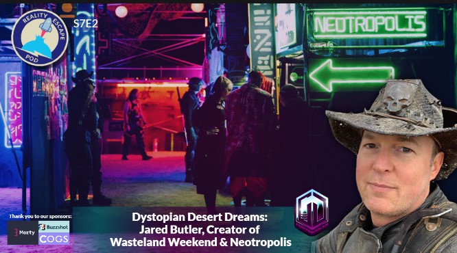 hero image for repod season 7 episode 2 titled dystopian desert dreams: jared butler, creator of wasteland weekend and neotropolis. image of desert city booths with neon signage. image in front of man wearing dusty cowboy hat with skull emblem and dusty leather jacket.