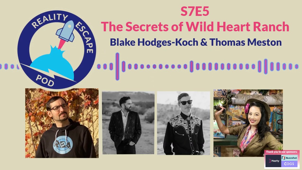 hero image for repod S7E5 titled The secrets of wild heart ranch Blake hodges-koch & Thomas Meston. there's a waveform, and below, from left to right, a man in glasses and black hoodie with REA logo, black and white image of man in suit in desert looking to the right, black and white image of man in cowboy shirt and sunglasses, image of asian woman in safari hat and jacket with pink flower in her hair holding a machete while smiling