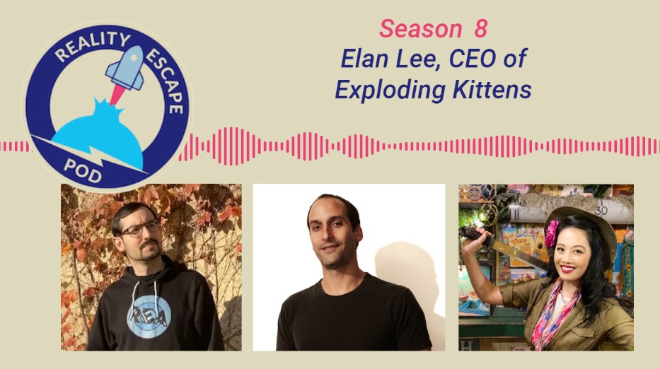 Waveform titled Season 9, Elan Lee, CEO of Exploding Kittens. man wearing black hoodie with glasses and goatee, man with short hair and black t shirt, asian woman wearing safari outfit, smiling, wielding a machete and wearing a pink flower in her hair and pink floral scarf.
