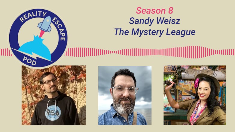 hero image repod season 8 sandor weisz The mystery league. man in black hoodie with glasses and goatee. man with short neat dark hai and a salt and pepper beard wearing clear plastic glasses and a denim shirt. Asian woman in safari outfit, smiling, with a machete over her shoulder