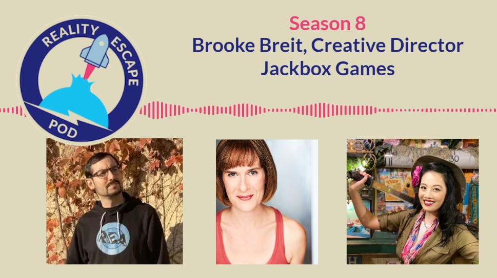 Title card for repod S8E4 featuring brooke breit. man in black hooded sweatshirt wearing glasses and a goattee. Woman with golden brown hair in a bob with bangs, smiling, wearing a pinkish red tank top. Asian woman in safari outfit wielding an axe while smiling.