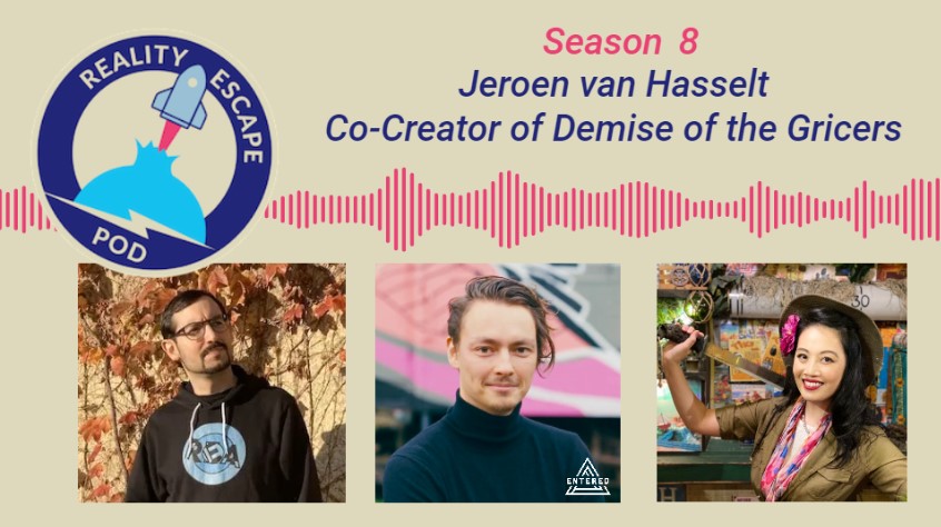 Title card for repod S8E5 featuring Jeroen van Hasselt. man in black hooded sweatshirt wearing glasses and a goatee. Man with sideswept hair wearing a dark blue turtleneck. Asian woman in safari outfit wielding an axe while smiling.