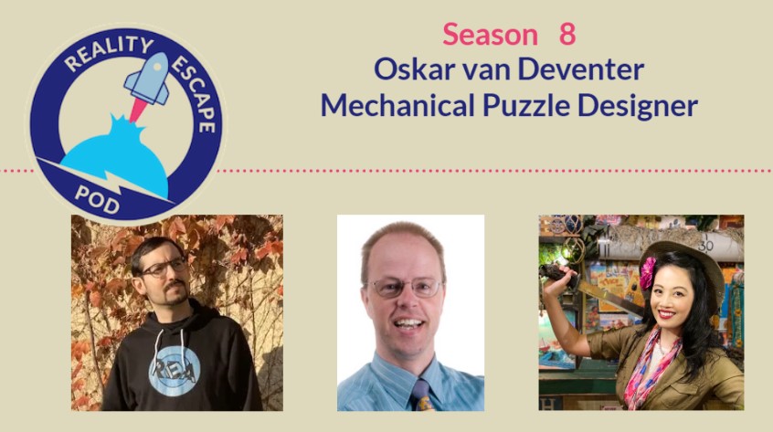 hero image of repod season 8 with oskar van deventer, mechanical puzzle designer. man in black hoodie with glasses and goatee. man with short blond hair, wearing glasses, in a striped blue shirt and tie. asian woman in safari outfit smiling with a machete over her shoulder