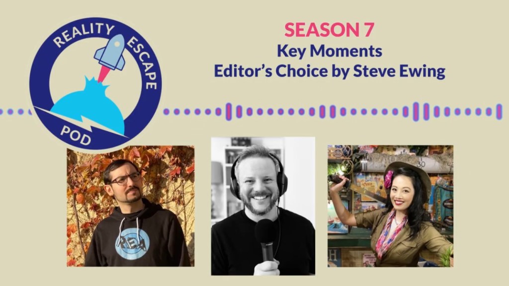 Hero image for Season 8 special release of REPOD Key moments. man with glasses, black and white photo of man with short hair and beard smiling, wearing headphones and holding a mic, asian woman in safari gear holding a machete, smiling.