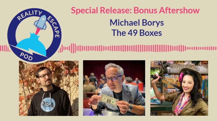 hero image for special release bonus aftershow with Michael Borys. man with glasses and goatee, man with glasses, grey hair, smiling mischievously, holding a dollar bill, asian woman smiling in safari outfit holding a machete over her shoulder