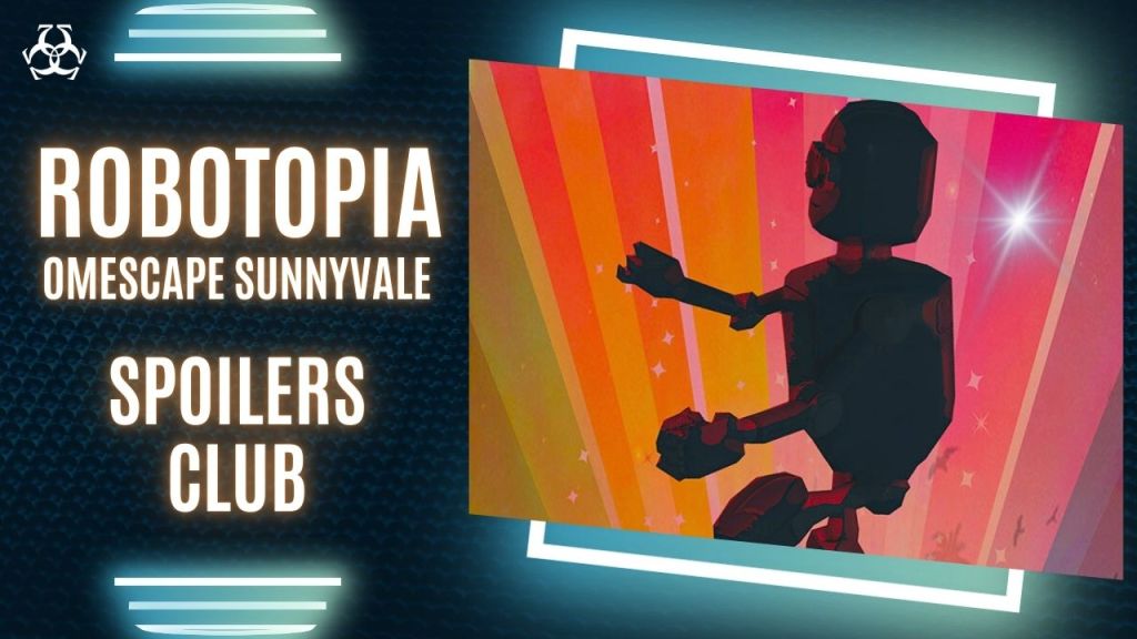hero image for robotopia from omescape sunnyvale spoilers club with image of cartoon robot in dark shadows with a pink and orange striped background