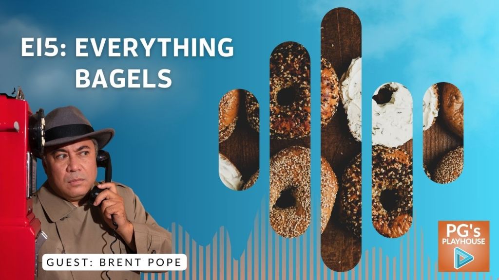 hero for PG's Playhouse E15: Everything Bagels. image of bagels, and a filipino man in trench coat and fedora holding a telephone receiver to his ear, by a red public payphone.