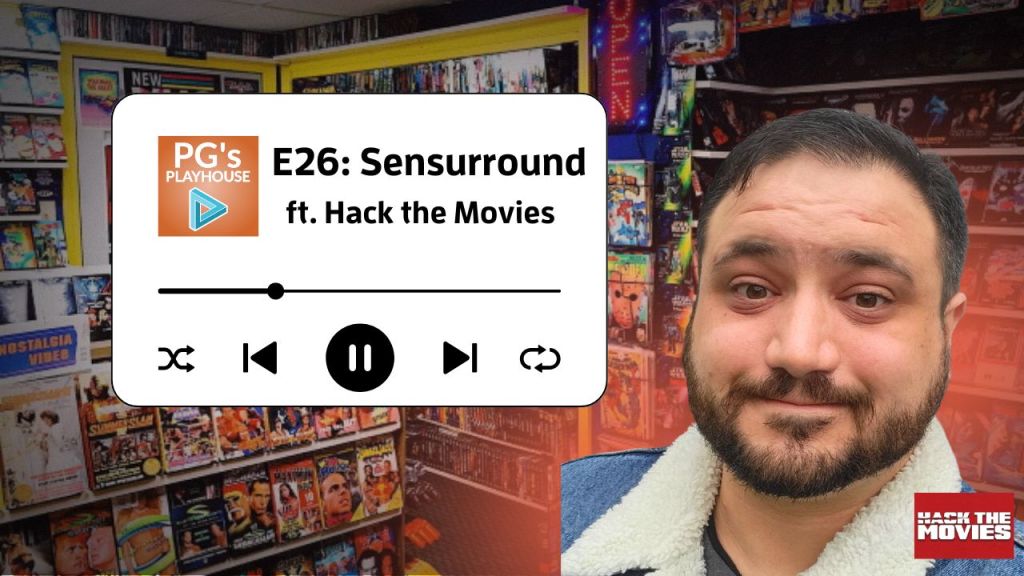 Hero image for PG's Playhouse E26: Sensurround with man with brown beard and short brown hair wearing a denim jacket with shearling collar. Background is video rental store from the 90's with shelves of VHS and comic books.