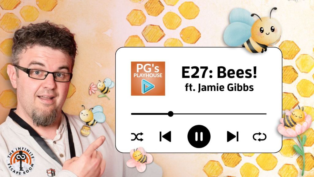 man with brown hair, goatee, wearing rectangular glasses, pointing to title that says Bees! there are cartoon bees flying around.
