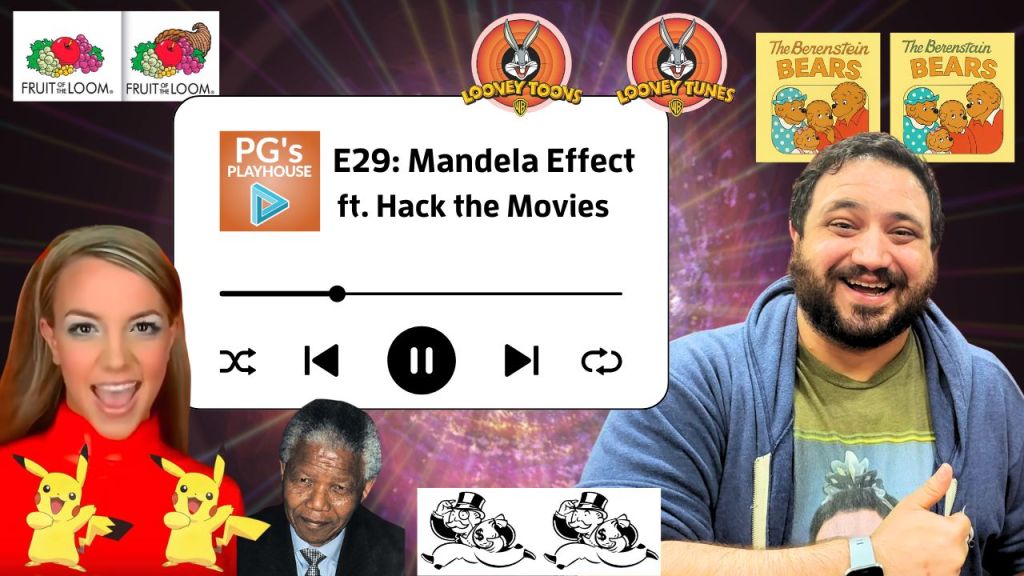 man with wavy brown hair, thick beard, smiling, in a blue hoodie giving a thumbs up. Surrounded by examples of mandela effect, like fruit of the loom logo both with and without the cornucopia.