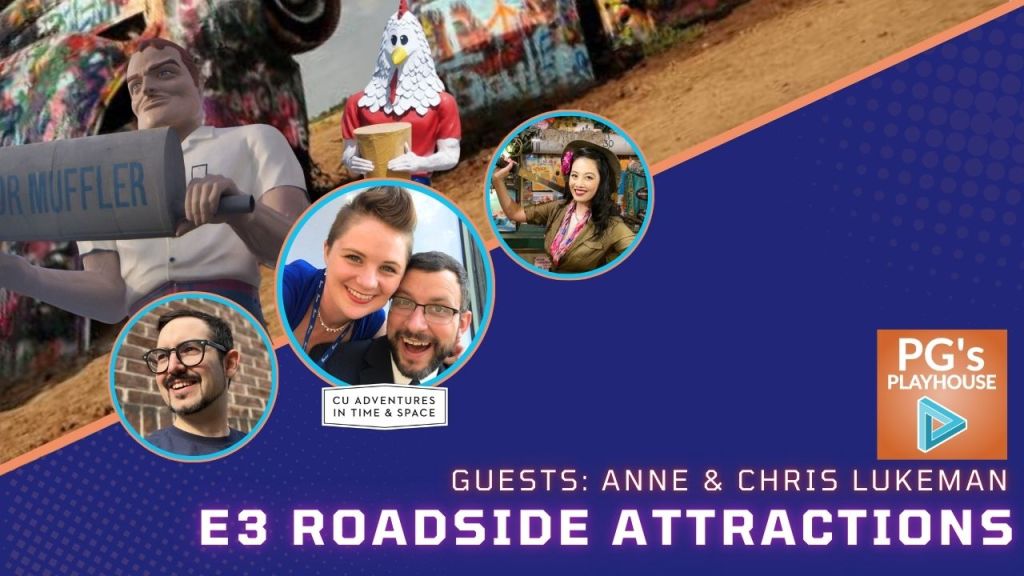 hero image for pg's playhouse guests: Anne & Chris Lukeman, E3 Roadside attractions. Image of statue of a man, statue of a man with a chicken head, photos of a man with glasses and beard, a woman with mohawk, man with glasses and beard, and asian woman