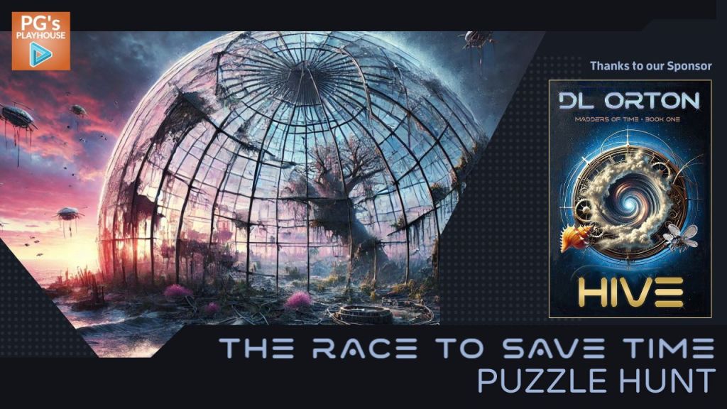 promo image for Hive the race to save time puzzle hunt with cover of Hive book and an abandoned looking biodome