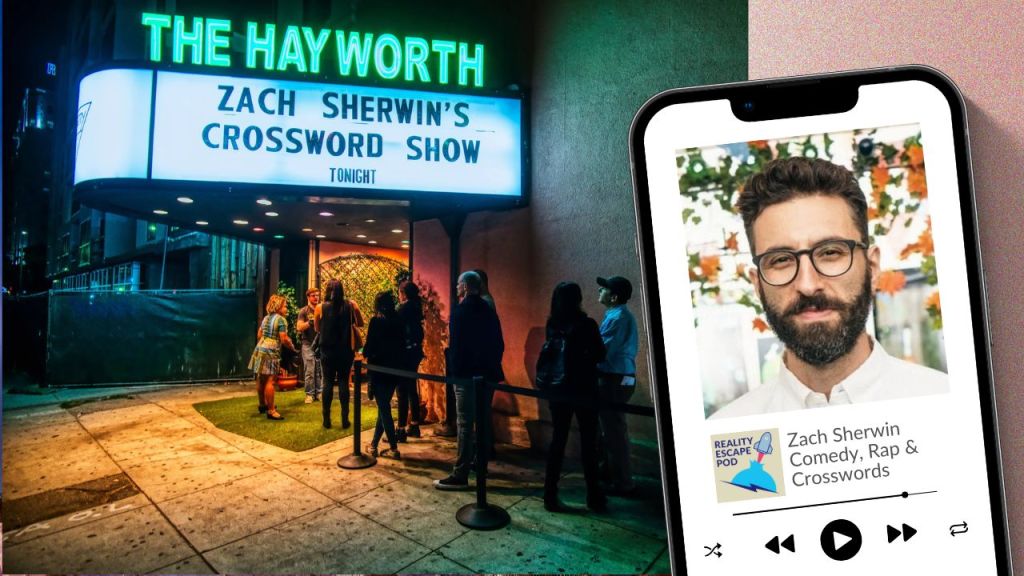 man brown hair and medium length beard with glasses in white button down shirt in phone. image of people lining up outside a theater