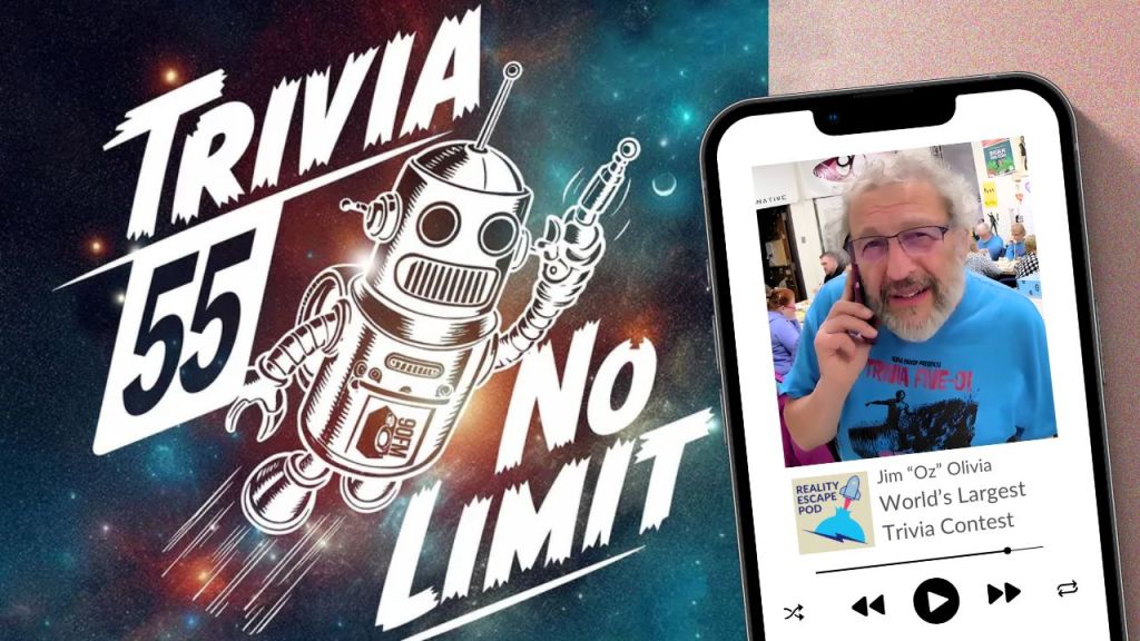 man with shaggy grey hair in a bright blue t-shirt and glasses with a beard, on the phone. 50's style robot drawing with words "triva 55 No Limit"