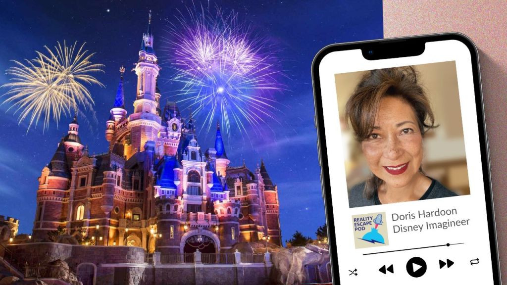 magical castle from shanghai disneyland lit up with fireworks. image of eurasian woman with sideswept bangs, freckles, smiling, wearing red lipstick