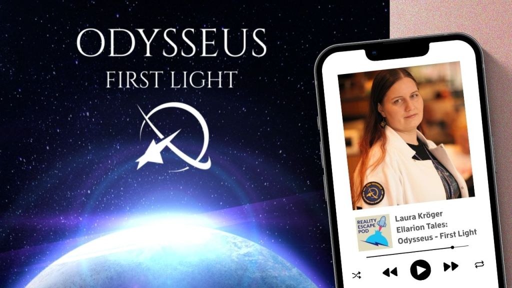 woman with long light brown hair parted in the middle, light grey eyes, wearing a white jacket with a odysseus patch on the arm. background of planet in space with words "odysseus, First Light"
