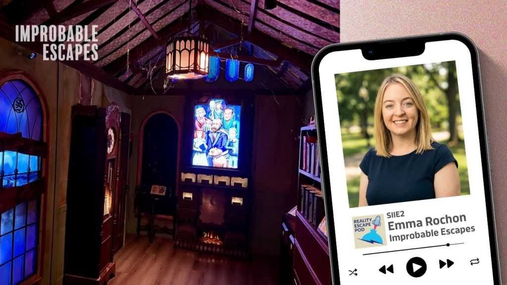 woman with shoulder length straight blonde hair and blue eyes, wearing a blue t-shirt, smiling on an iphone. image of escape room in a dusty old fashioned room with a glowing portrait of a family and grandfather clock