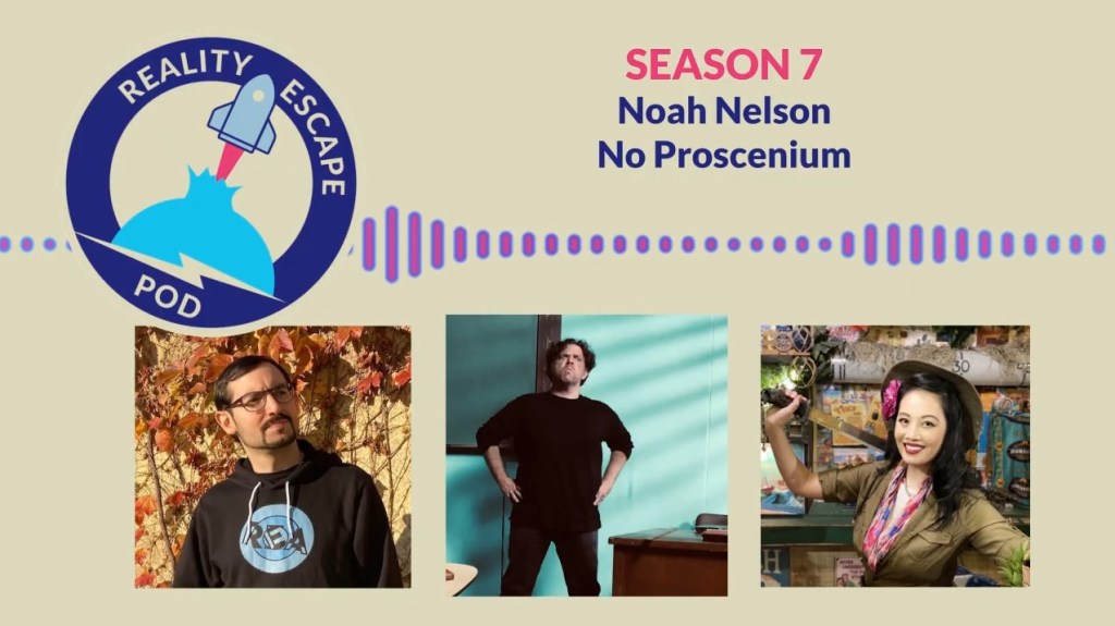 Hero image for Season 7, ep 11 of REPOD with Noah Nelson of No Proscenium. man with glasses, Man in all black with his hands on his hips scowling, asian woman in safari gear holding a machete, smiling.