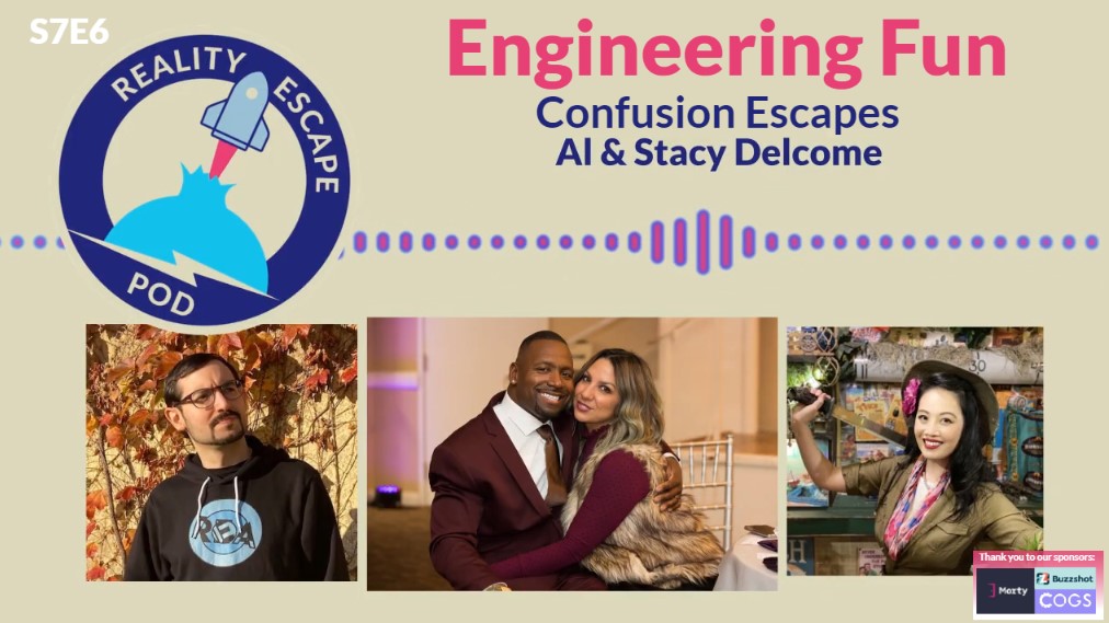 image for S7E6 of REPOD titled "engineering fun, confusion escapes Al & Stacy Delcome". man with glasses in black hoodie, center is man in a plum color suit sitting and smiling while hugging a woman in a plum color dress with a furry vest, right is woman in safari clothes with a machete