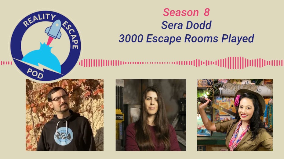 hero image for season 8 sera dodd, 3000 Escape Rooms Played. man with glasses and short dark hair and goatee in a black hoodie. woman with long straight brown hair wearing a maroon color top inside an industrial looking escape room. asian woman smiling in safari outfit with machete over her shoulder.