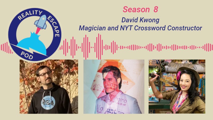 waveform for REPOD Season 8, titled David Kwong, Magician and NYT Crossword Constructor. Image of man with dark hair and goatee wearing glasses and a black hoodie. Man in center wearing a light grey suit with a serious expression. There is a projection on his face and body made up of abstract designs and words. There is an asian woman in a safari outfit holding a machete over her shoulder. She is smiling with a pink flower in her hair